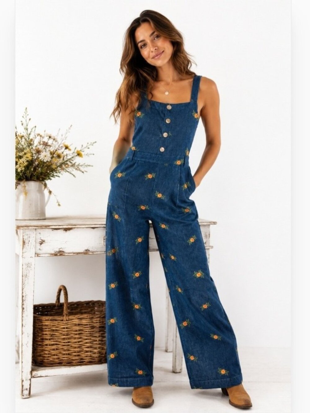 Cider Embroidered Floral Overalls